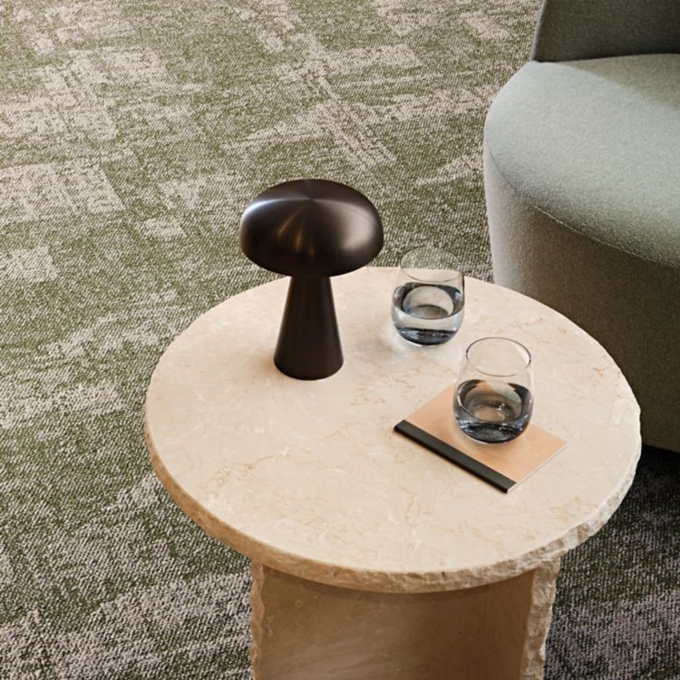 Close-up of Interface Shift Point carpet tile in workplace lobby