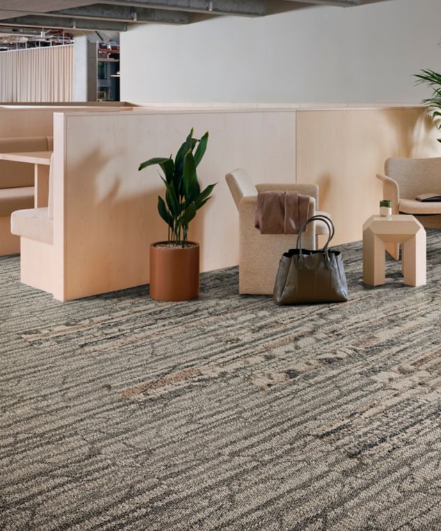 Interface Shifting Seasons and First Light plank carpet tile in workplace lobby