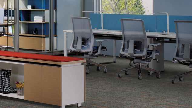 Interface Main Line carpet tile in open office with cubbie with rain boots
