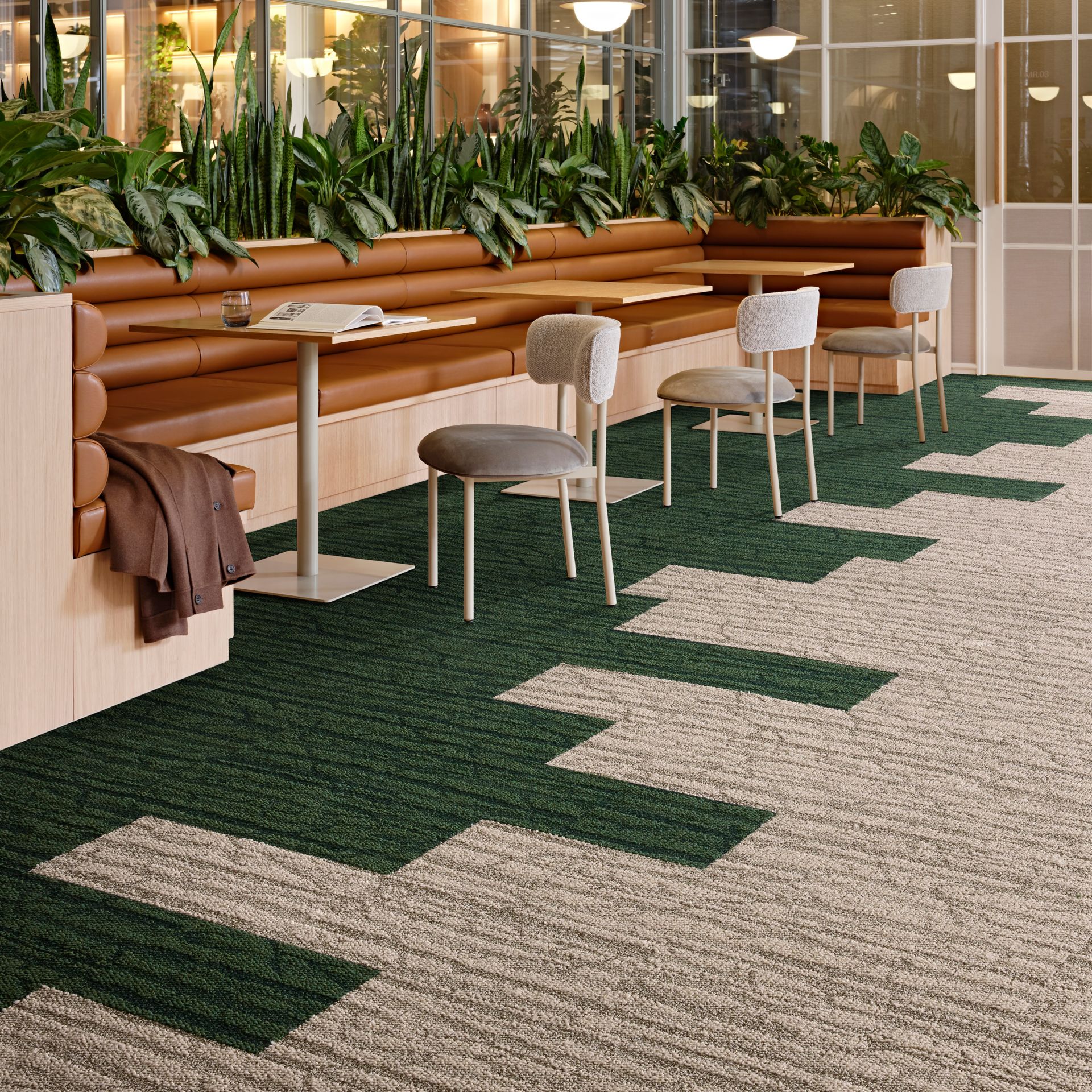 Interface Spruce It Up and First Light plank carpet tile in workplace collaborative space