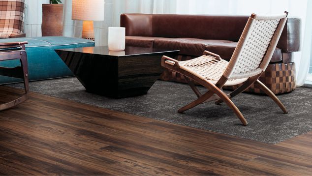 Interface Steady Stride Woodgrains LVT and Cloud Cover carpet tile in seating area