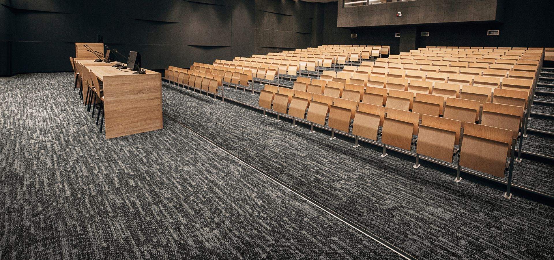 Interface Meteor plank carpet tile in higher ed lecture hall