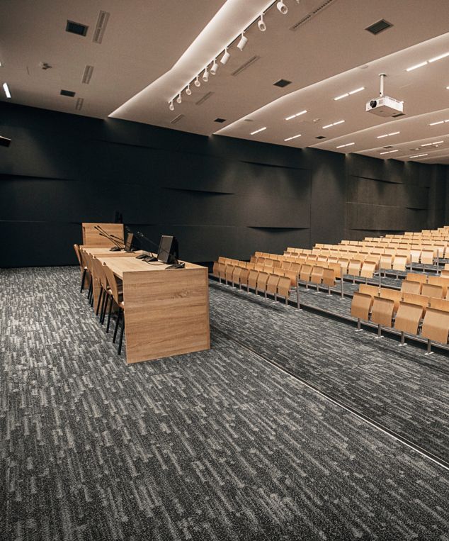 Interface Meteor plank carpet tile in higher ed lecture hall