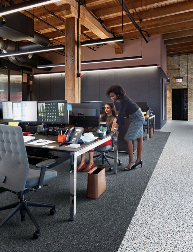 Interface Step it Up and Walk on By carpet tile in common work space with two people