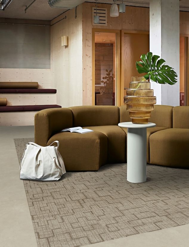 Interface Hearth plank LVT with FLOR Terra Nova carpet tile in collaborative space