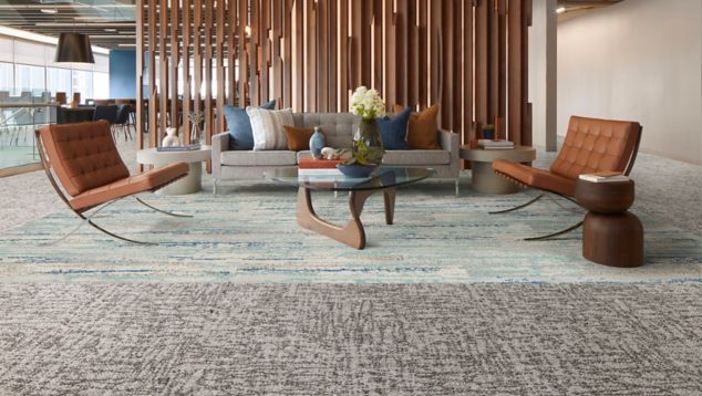 Interface Third Space 306 carpet tile with Undulating Water plank carpet tile in lobby