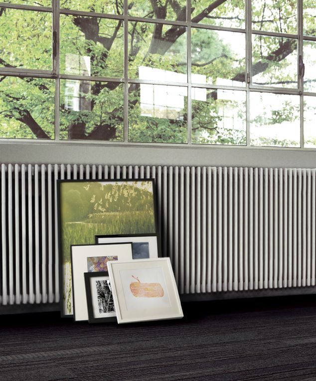 Interface Trio plank carpet tile shown with frames along the wall
