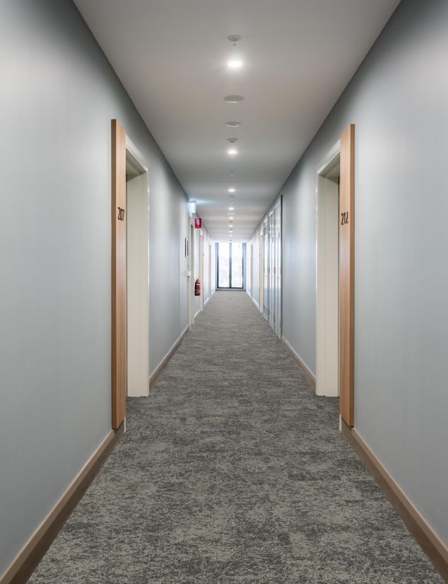 Interface Two to Tango carpet tile in senior living corridor
