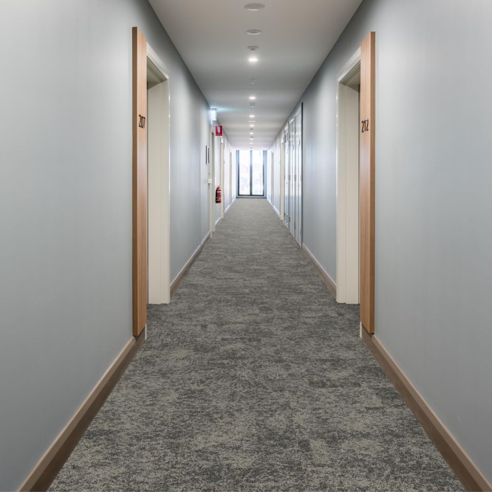 Interface Two to Tango carpet tile in senior living corridor