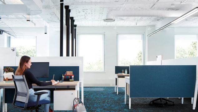 Interface Up At Dawn carpet tile in seating area with white furniture