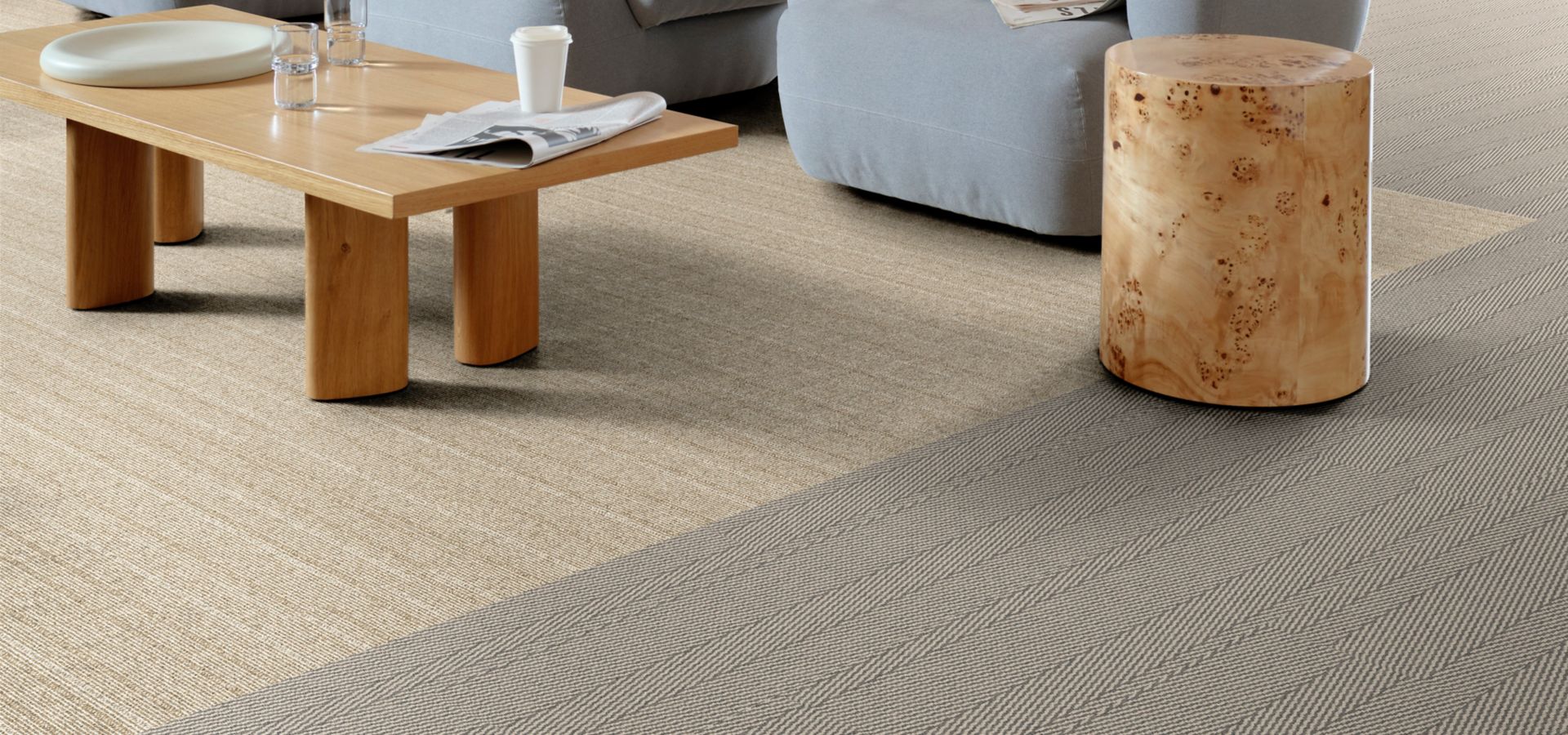 Interface WW860 and Stitch in Time plank carpet tile in workplace lobby