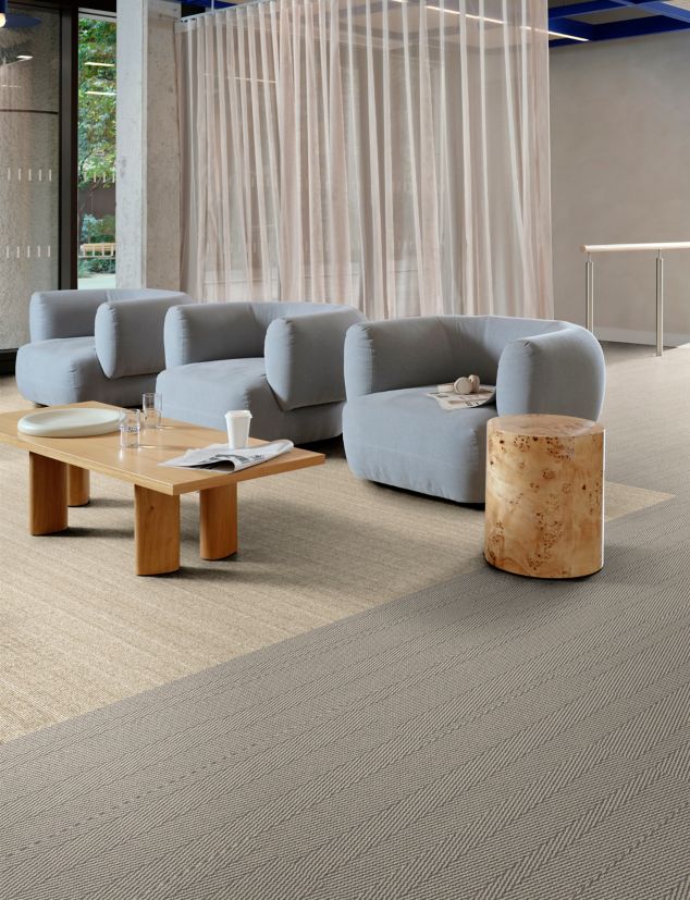 Interface WW860 and Stitch in Time plank carpet tile in workplace lobby