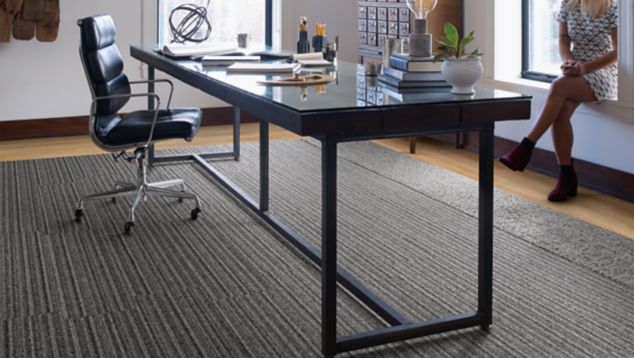 Interface WW865 and WW90 plank carpet tile and Natural Woodgrains LVT in office with desk