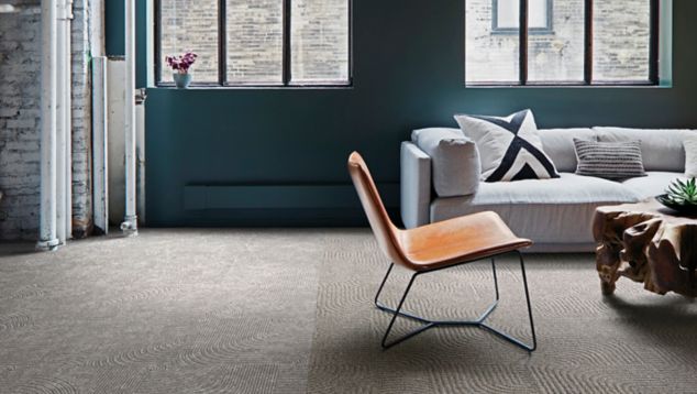 Interface Step this Way and Walk About carpet tile in seating area with couch and chair 