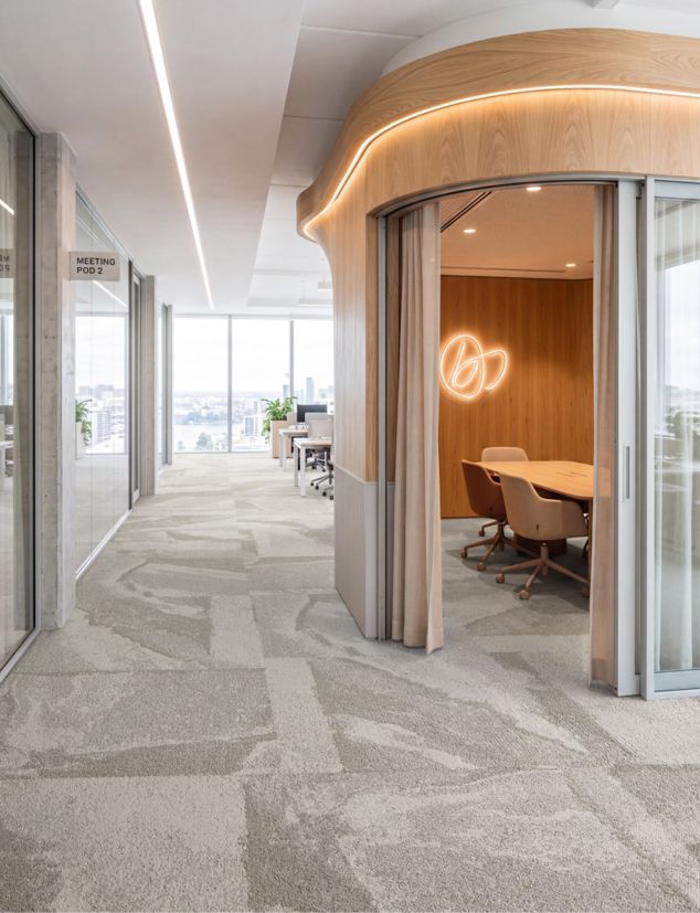 Interface Waypoint carpet tile in workplace corridor and meeting room