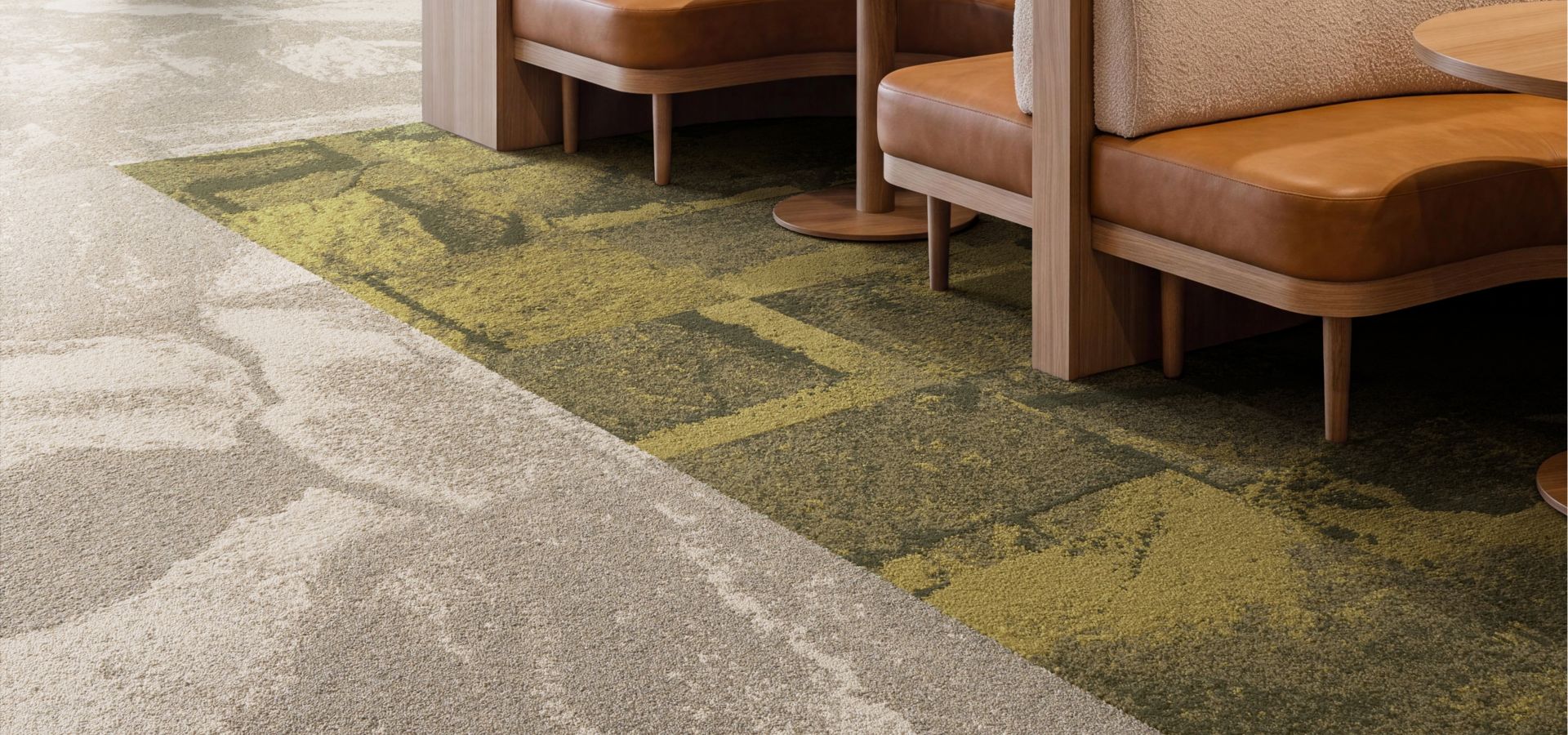 Interface Waypoint and Bridgepoint carpet tile in workplace breakroom