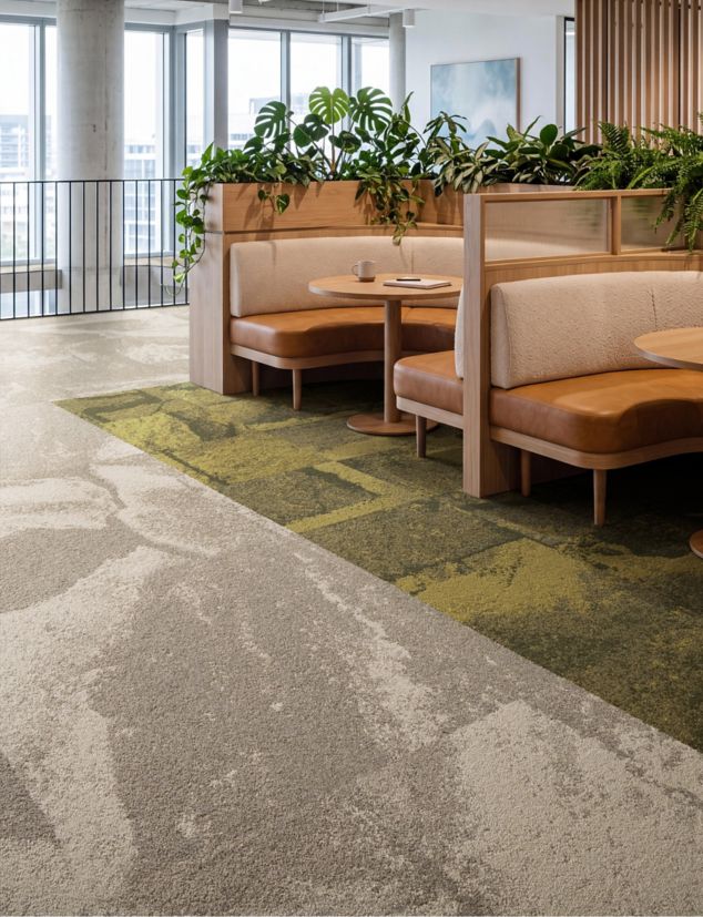 Interface Waypoint and Bridgepoint carpet tile in workplace breakroom