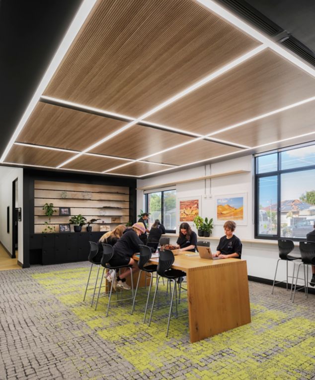 Interface Moss, Moss in Stone, Sett in Stone and Kerbstone carpet tile in collaborative space