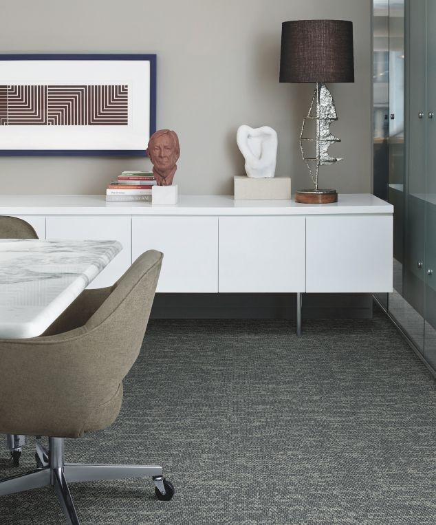 Interface Heart Strings carpet tile in private office with white credenza