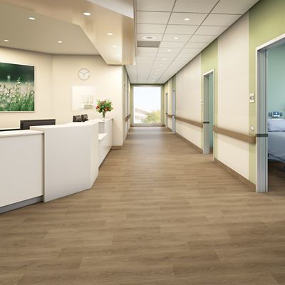 nora by Interface noravant timber rubber flooring in healthcare corridor