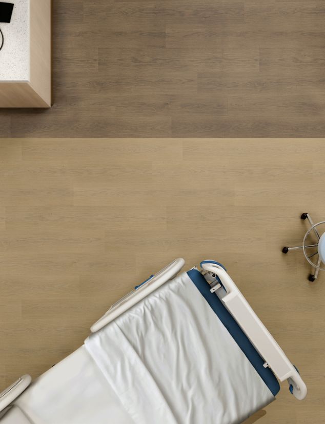 aerial view of noravant timber rubber flooring in patient room