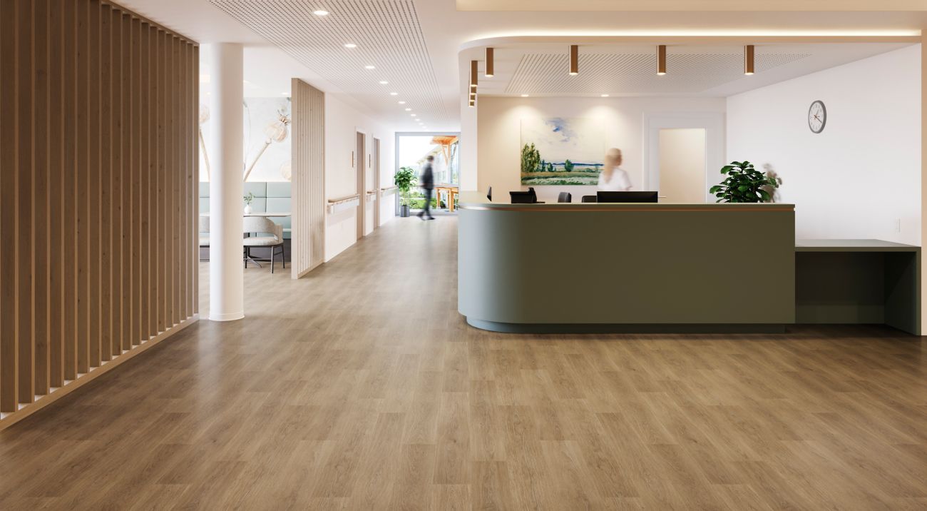 nora by Interface noravant timber rubber flooring in healthcare reception and corridor