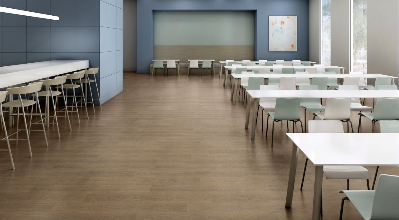 noravant timber rubber flooring in cafeteria