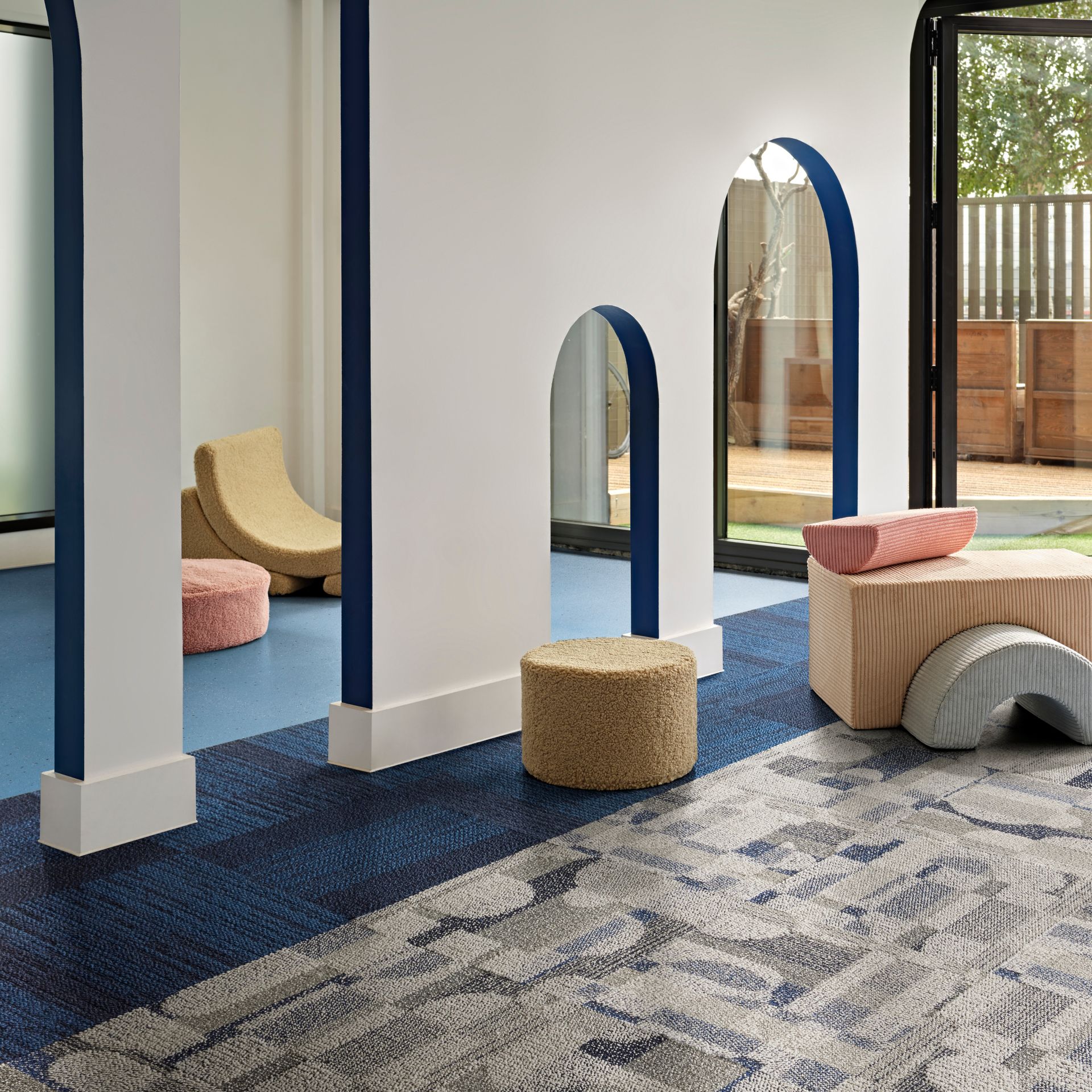 Interface Draw Conclusions carpet tile with nora by Interface norament kivo rubber flooring in education lobby