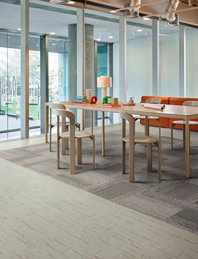 Interface Line Leader carpet tile with Raw Materials LVT in workplace meeting room