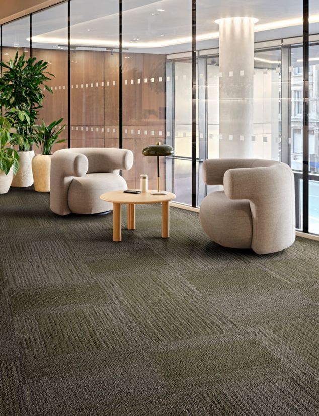 Interface Out of Bounds carpet tile in workplace lobby