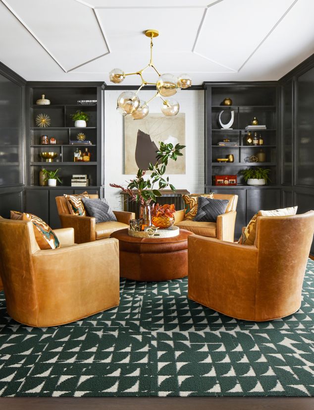 FLOR Moon Walk carpet tile in loung with arm chairs and chandelier