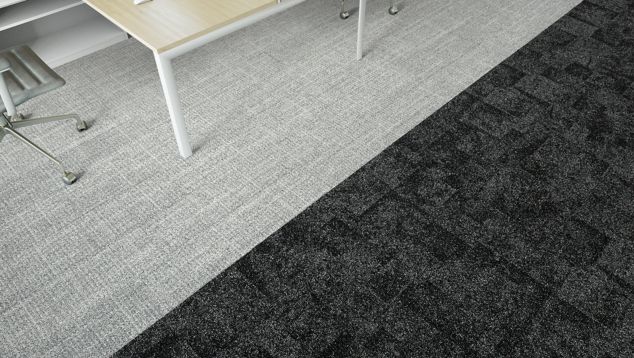 Interface Open Air 401 plank carpet tile in floor view with wood top work desk