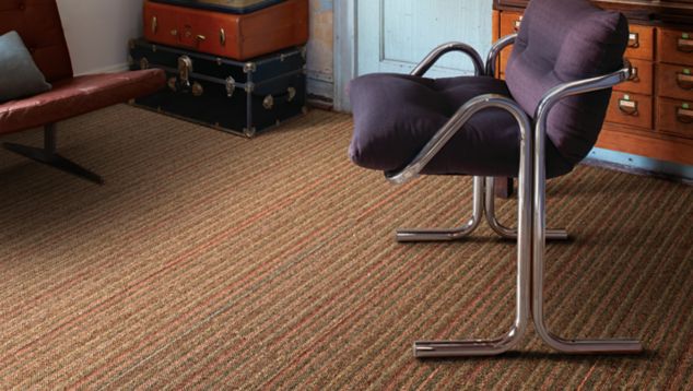 Interface WW865 plank carpet tile in office common area with purple chair