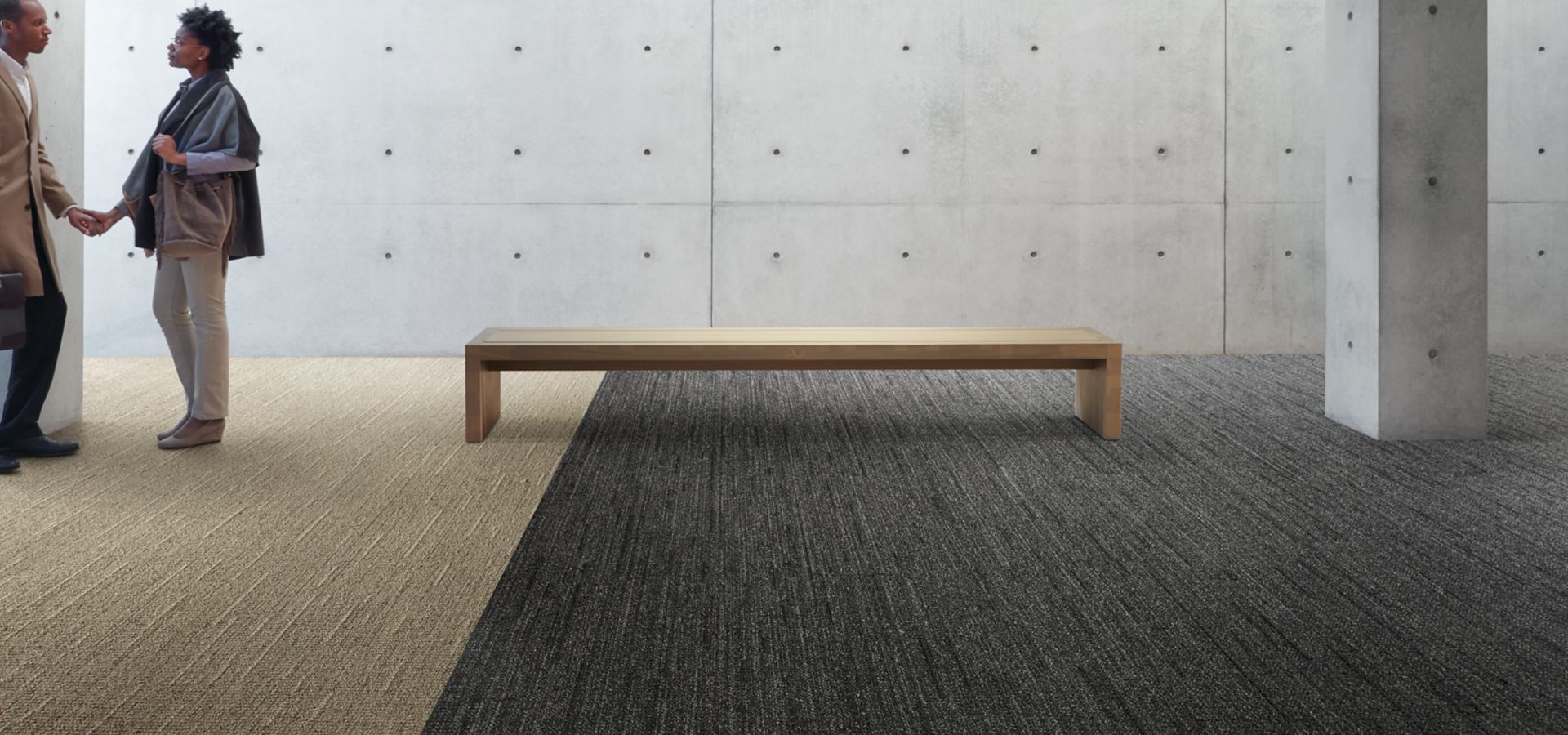 Interface WW870 plank carpet tile in open lobby area with bench