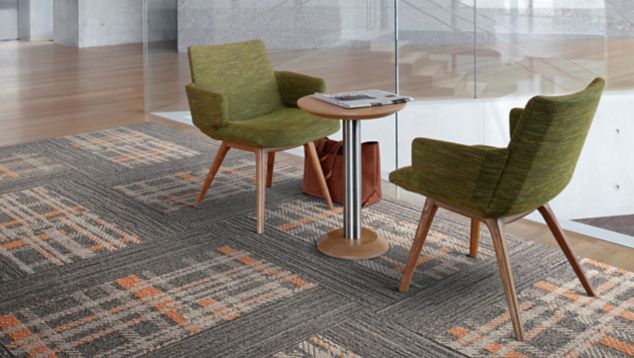 Interface WW880 plank carpet tile and Scottish Sett Flor carpet tile with table and chairs